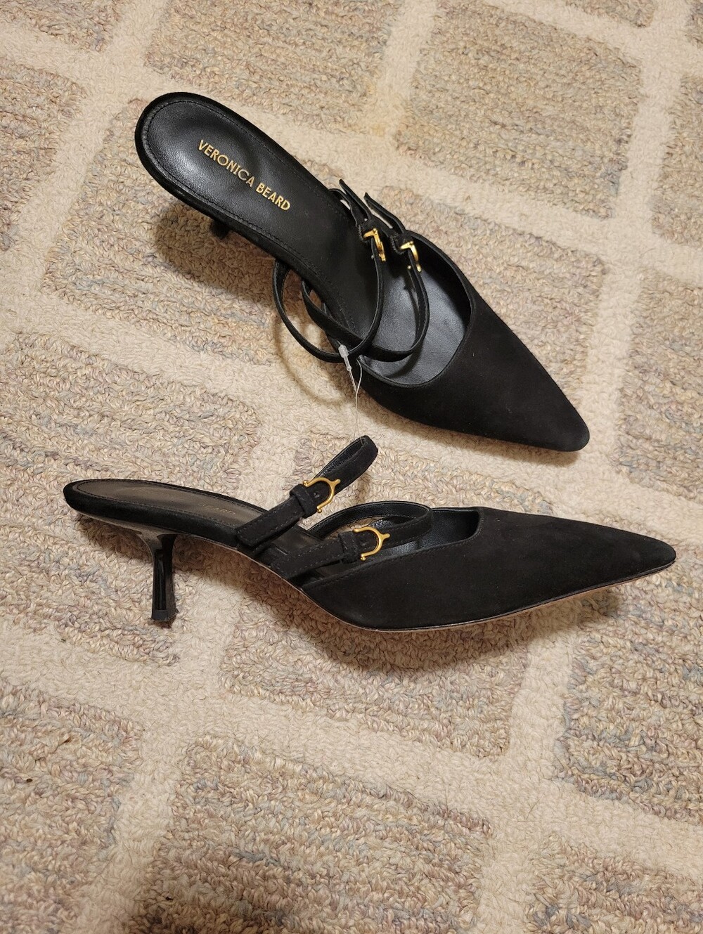 Veronica Beard CORRIE Black Suede Double-Strap Kitten Heel Mule